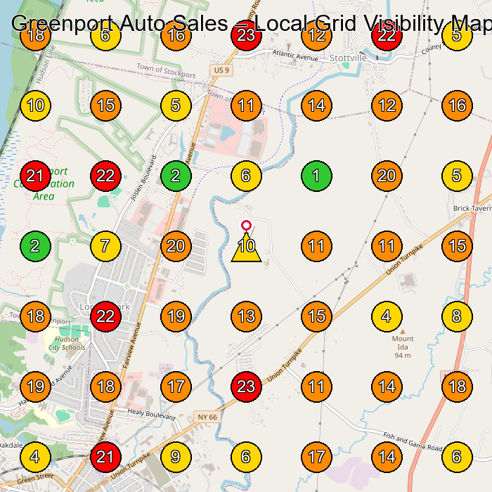 Greenport Auto Sales Used Car Dealer GeoGrid ranking map for Hudson NY